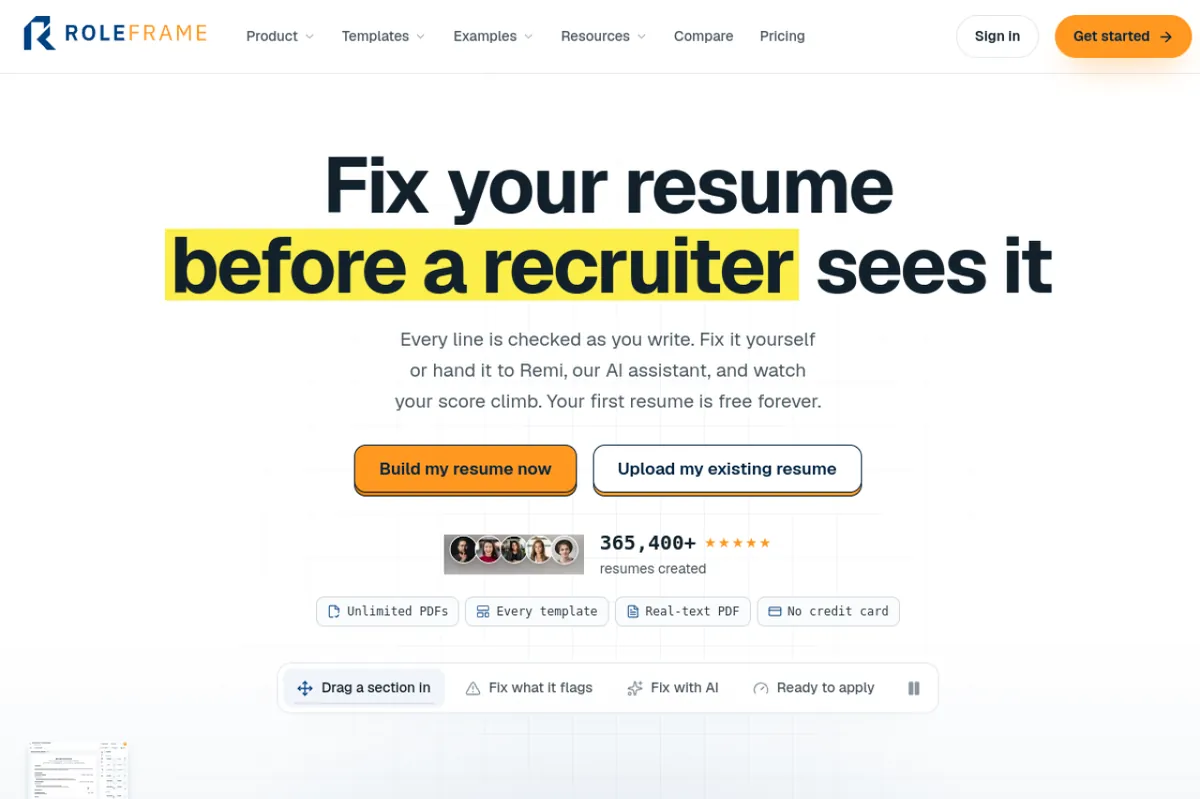 Roleframe's free AI resume builder homepage — Fix your resume before a recruiter sees it hero with the first-resume-free-forever offer, unlimited real-text PDF downloads, and no credit card required