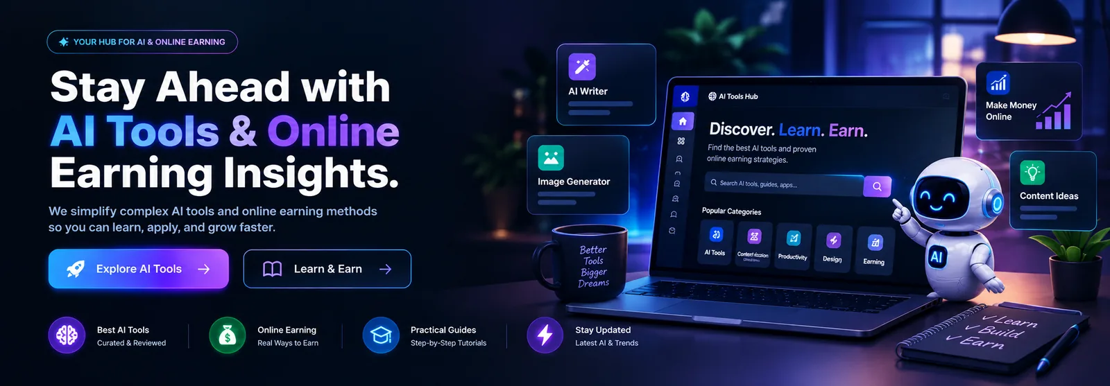 AI Earn Tools Hub banner — Stay Ahead with AI Tools and Online Earning Insights