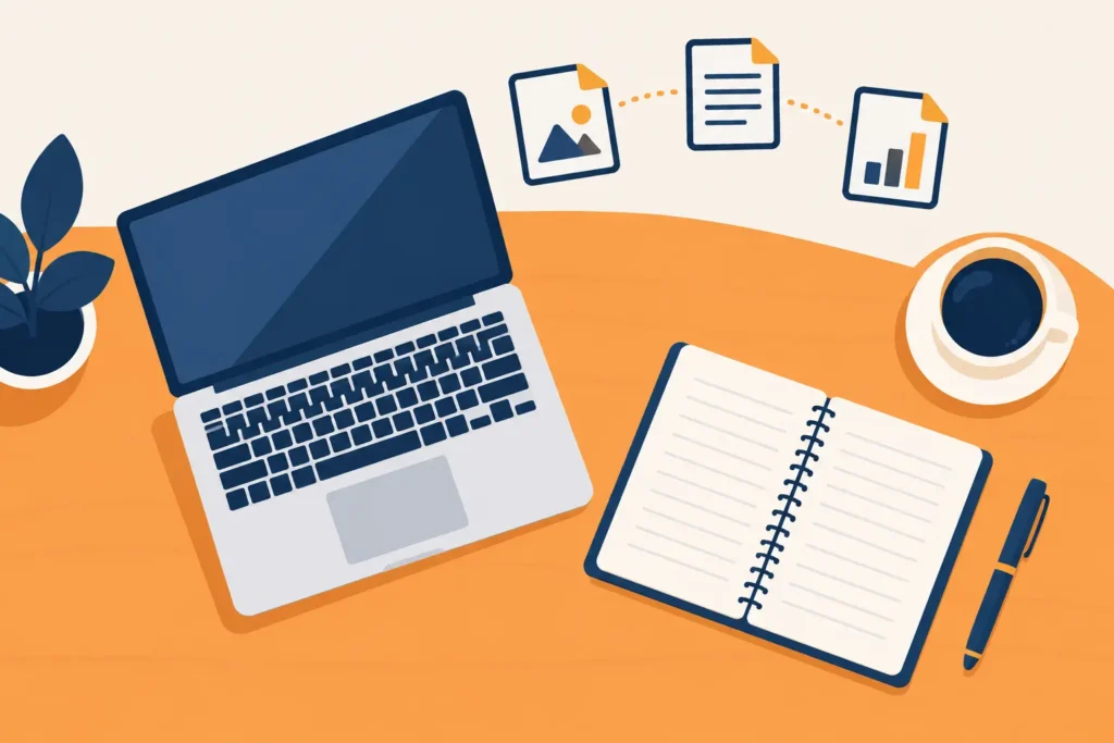 How to become a freelance writer overview showing a laptop, notebook and portfolio of writing samples