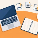 How to become a freelance writer overview showing a laptop, notebook and portfolio of writing samples