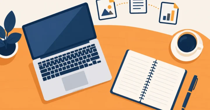 How to become a freelance writer overview showing a laptop, notebook and portfolio of writing samples