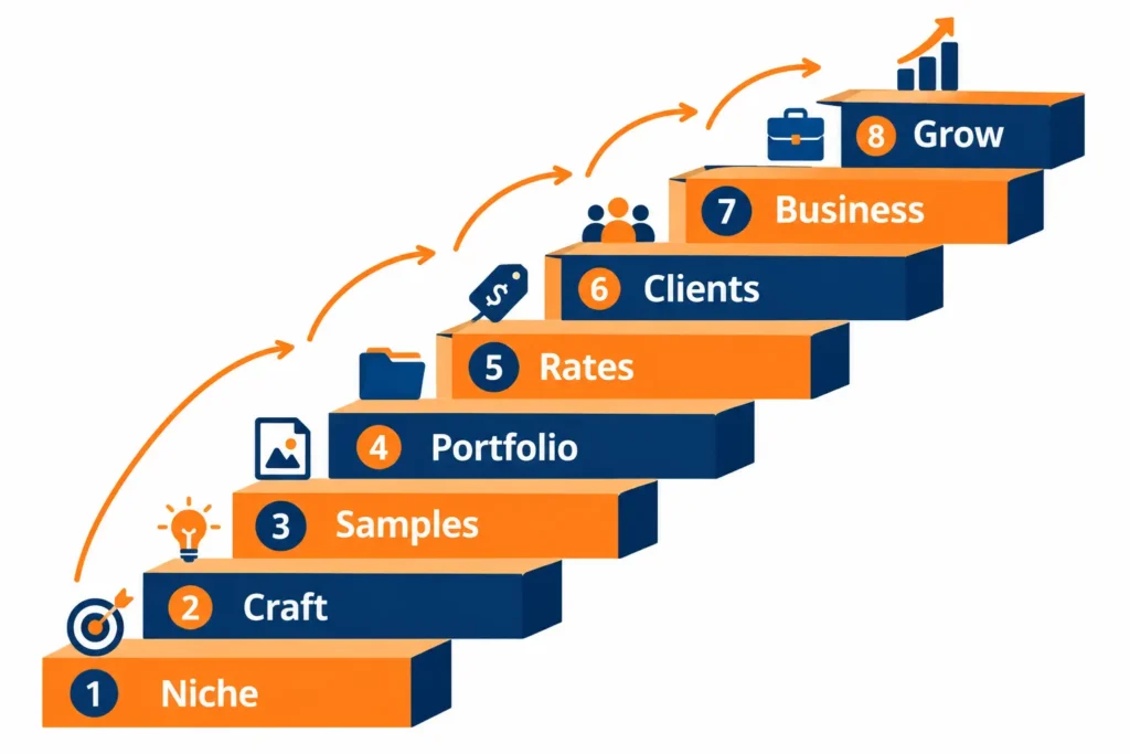 How to Become a Freelance Writer: 8 Best Steps (2026) 6 How to become a freelance writer roadmap showing eight steps from choosing a niche to raising rates