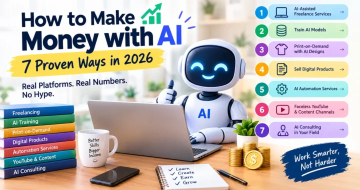 How to Make Money with AI in 2026: 7 proven methods including AI freelancing, AI model training, print-on-demand, digital products, automation services, YouTube, and AI consulting.