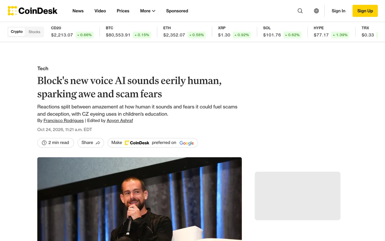 CoinDesk article on Block's Dessa voice AI, dated October 24, 2026