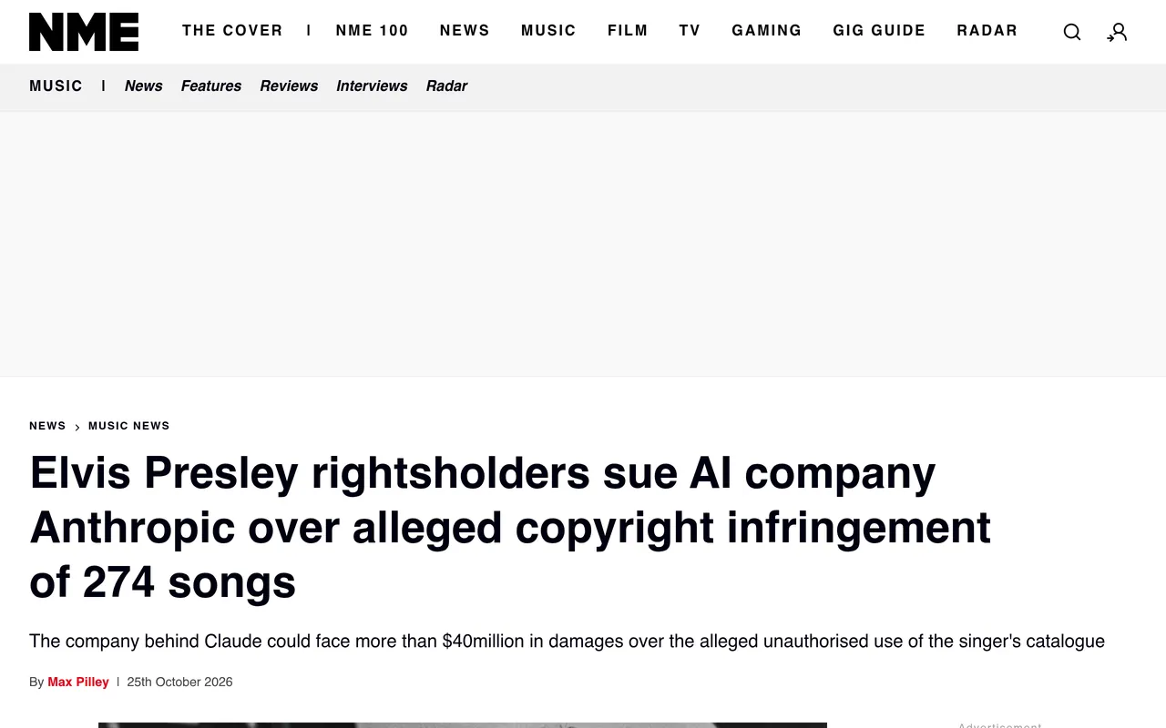 NME article on the Elvis Presley lawsuit against Anthropic, dated 25 October 2026
