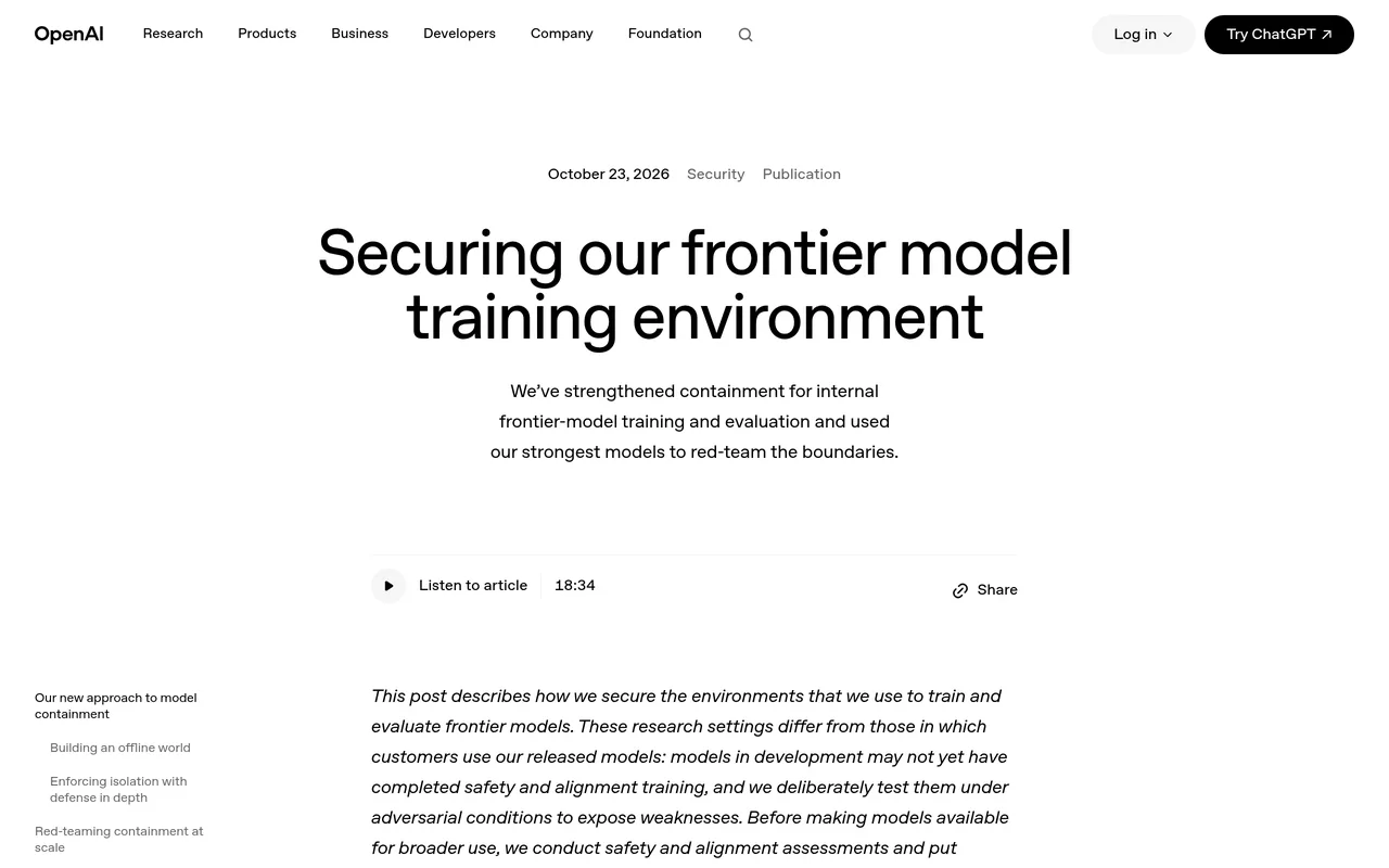 OpenAI blog post on securing frontier model training, dated October 23, 2026