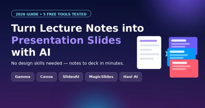 Featured banner: turn lecture notes into presentation slides with AI - 5 free tools tested including Gamma, Canva, SlidesAI, MagicSlides and Havi AI