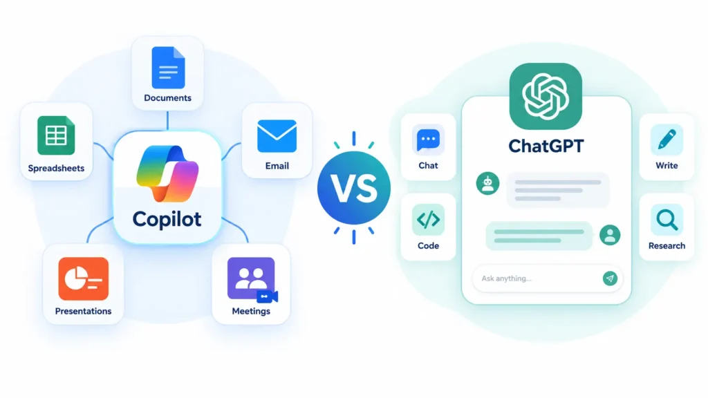 Microsoft Copilot vs ChatGPT showing integrated Microsoft apps versus standalone AI assistant