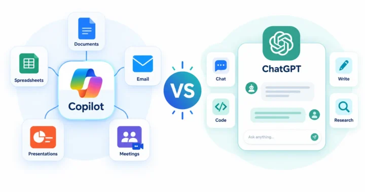 Microsoft Copilot vs ChatGPT showing integrated Microsoft apps versus standalone AI assistant
