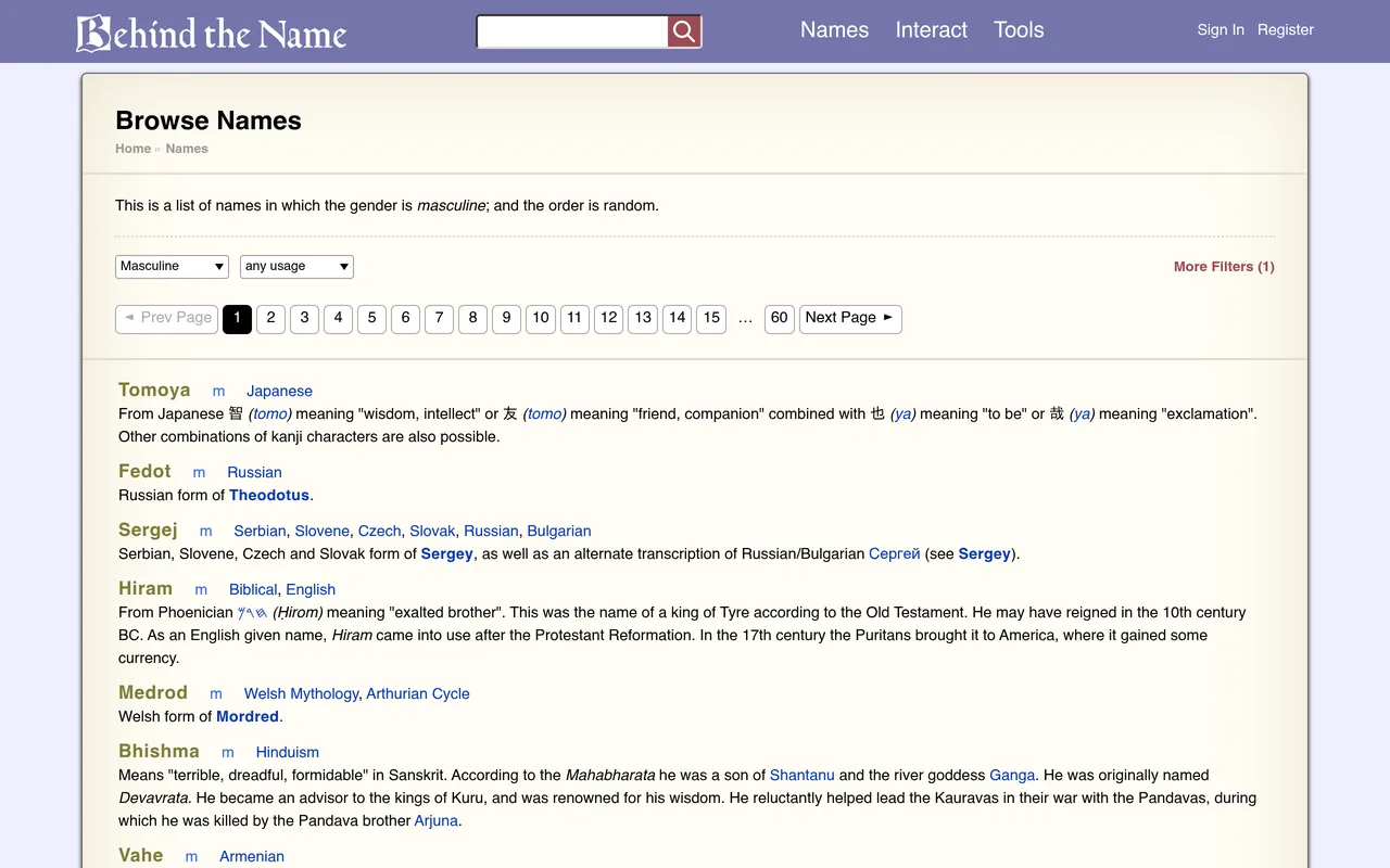 Random Name Generator: 7 Best Free Tools for Real & Fantasy Names (2026) 9 Behind the Name browse page showing randomly ordered names with meanings