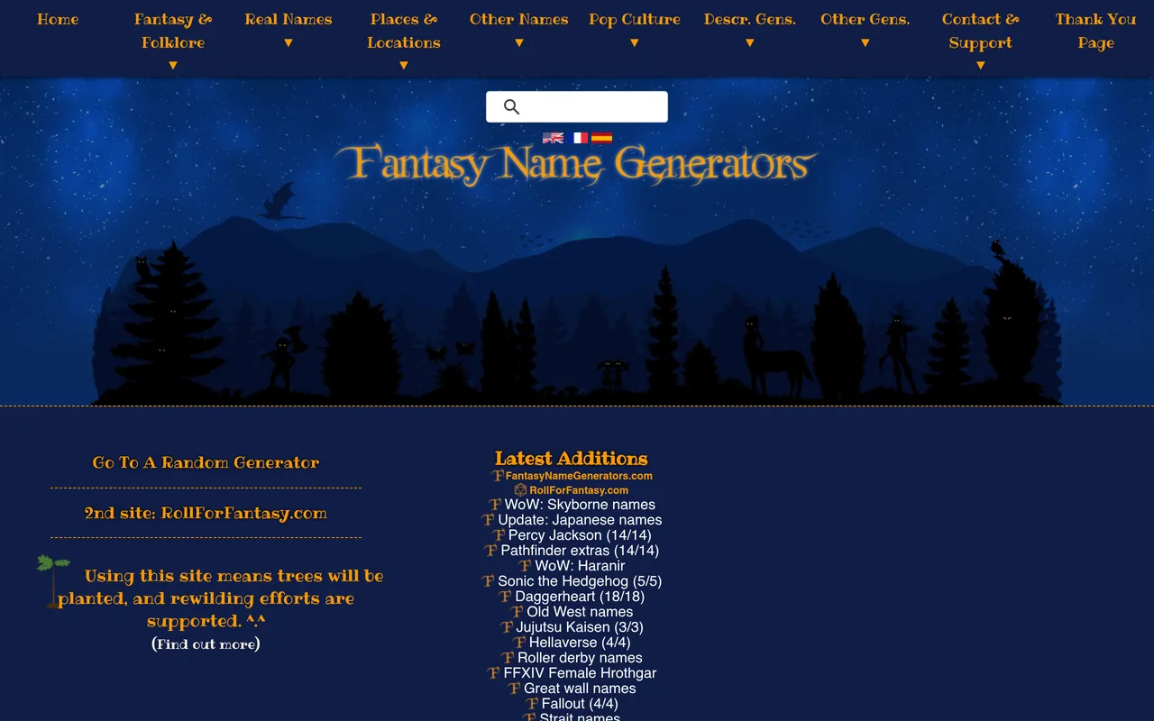 Random Name Generator: 7 Best Free Tools for Real & Fantasy Names (2026) 10 Fantasy Name Generators homepage with fantasy and real name categories