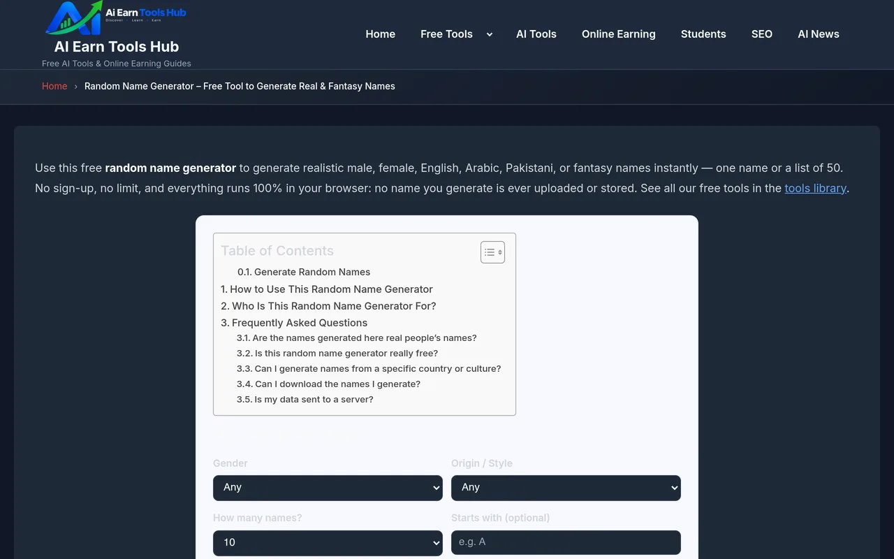 Random Name Generator: 7 Best Free Tools for Real & Fantasy Names (2026) 8 AI Earn Tools Hub random name generator tool with gender, origin, and count options