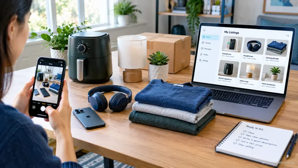 Preparing used electronics, clothes, and household items to sell online for extra money.