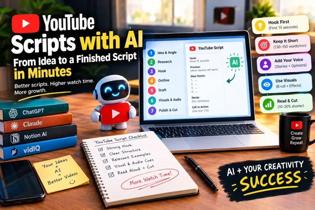 AI-powered YouTube scriptwriting workflow displayed on a laptop, illustrating seven steps from idea research and hook creation to drafting, adding visuals, and polishing the final script.