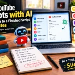 AI-powered YouTube scriptwriting workflow displayed on a laptop, illustrating seven steps from idea research and hook creation to drafting, adding visuals, and polishing the final script.