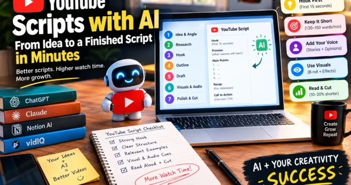 AI-powered YouTube scriptwriting workflow displayed on a laptop, illustrating seven steps from idea research and hook creation to drafting, adding visuals, and polishing the final script.