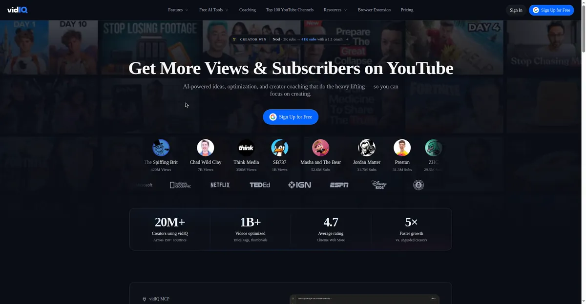 vidIQ's homepage — the research tool that validates video ideas before you make YouTube scripts with AI